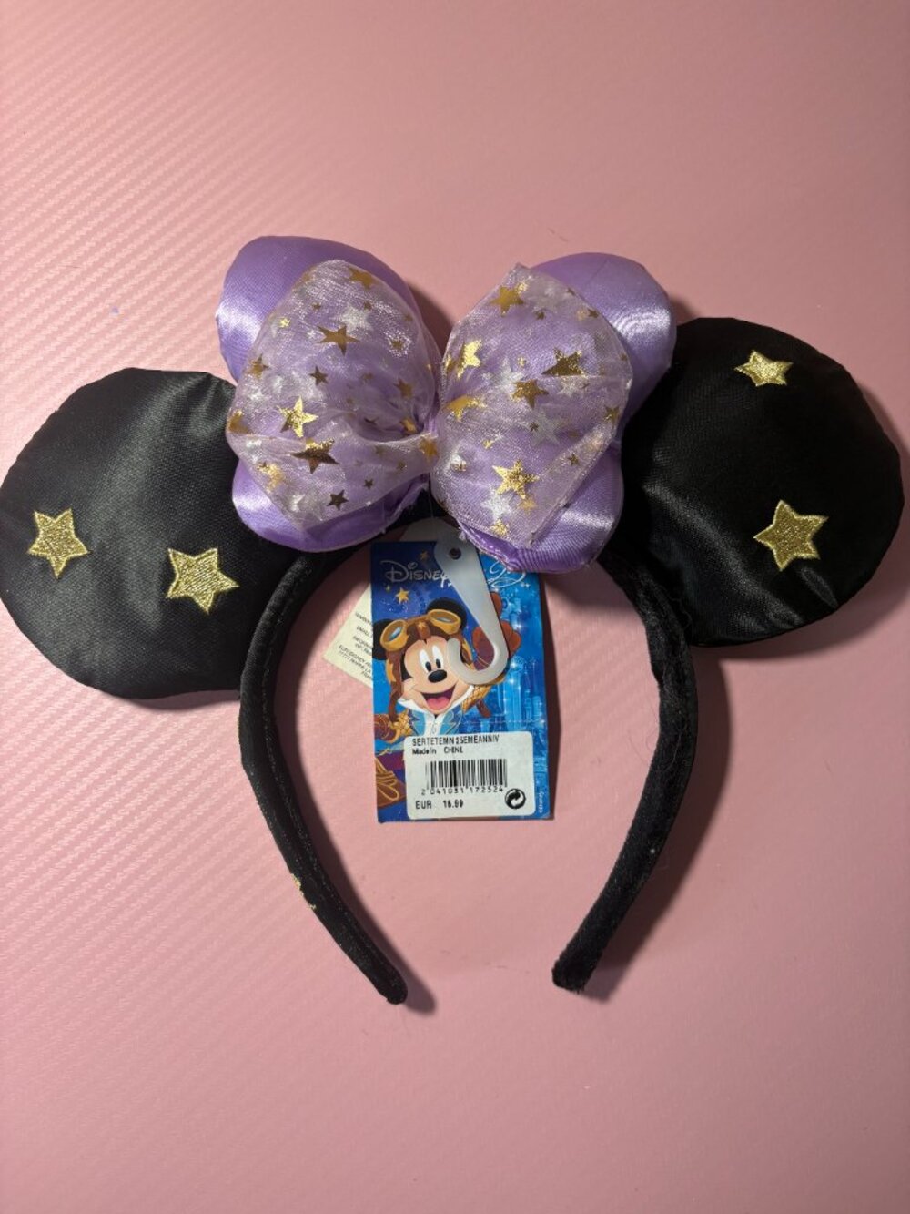 DISNEYLAND PARIS 25TH ANNIVERSARY BLACK GOLD PURPLE BOW MINNIE HEADBAND EARS
